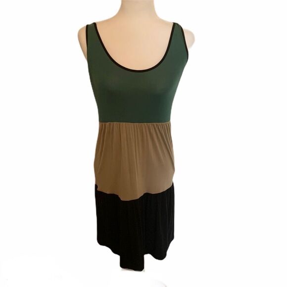 🔴 3/$18 Kensie Dress Color Block Stripe Green Tan - Picture 1 of 4